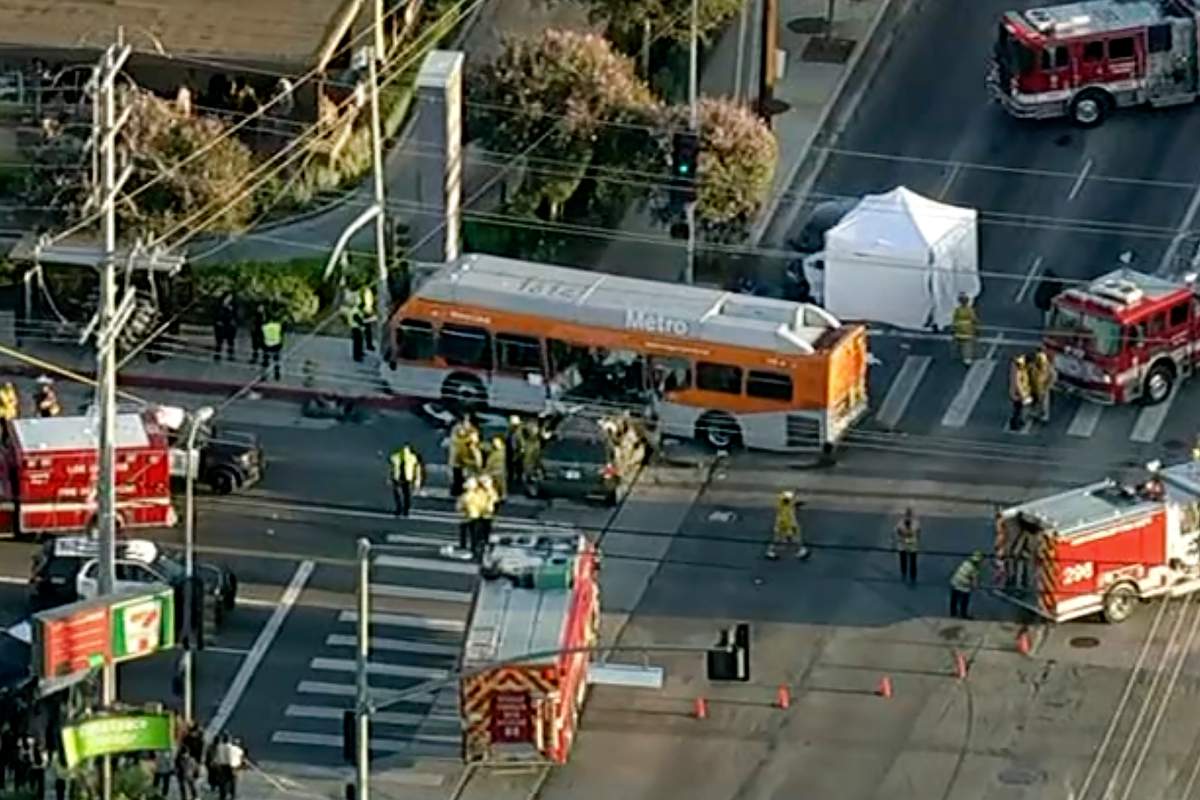 In this still image provided by KABC-TV shows firefighters respond to a deadly bus crash, in Los Angeles on Tuesday, Sept. 15, 2026.