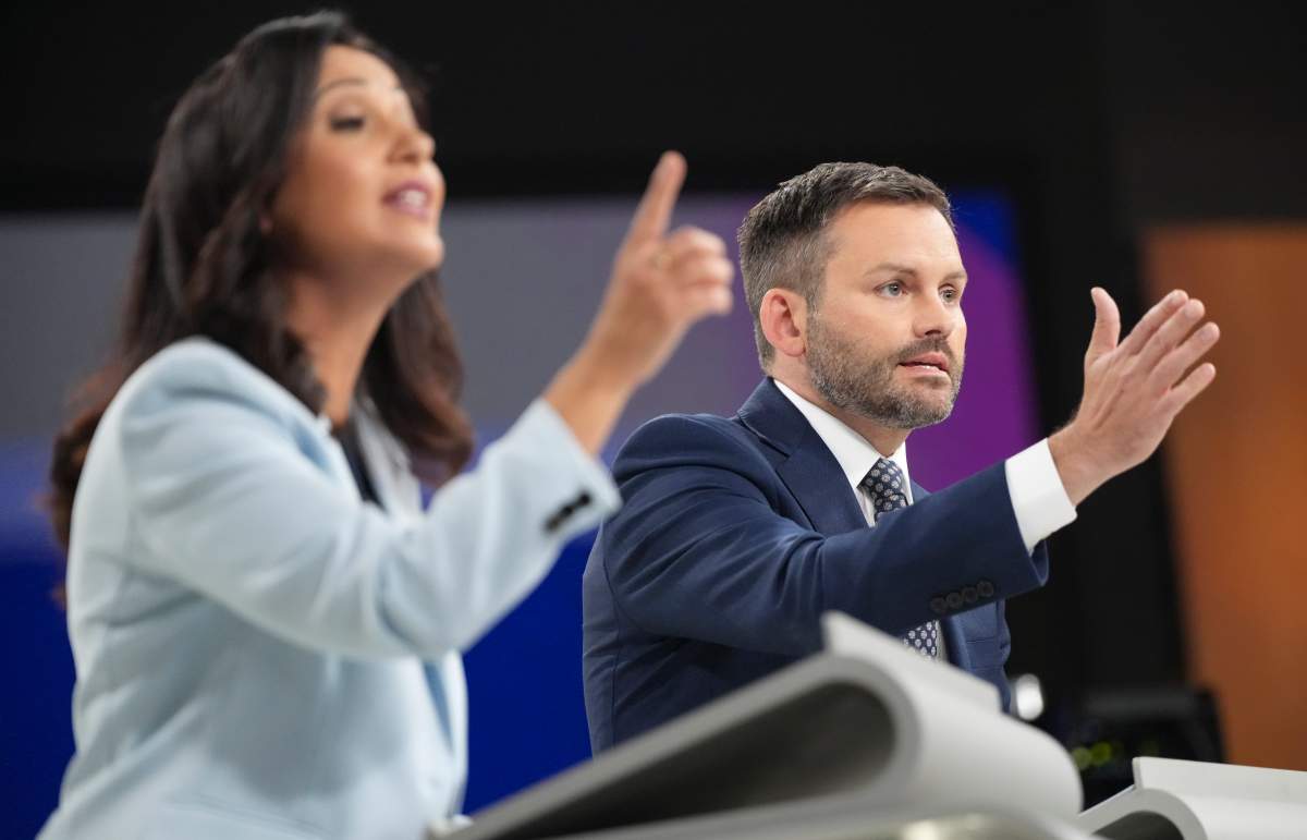 Quebec Solidaire co-spokesperson Ruba Ghazal, left, and Parti Quebecois Leader Paul St-Pierre Plamondon participate in a leaders debate in Montreal on Wednesday, Sept. 23, 2026. Quebec votes in a provincial election on Oct. 5, 2026.