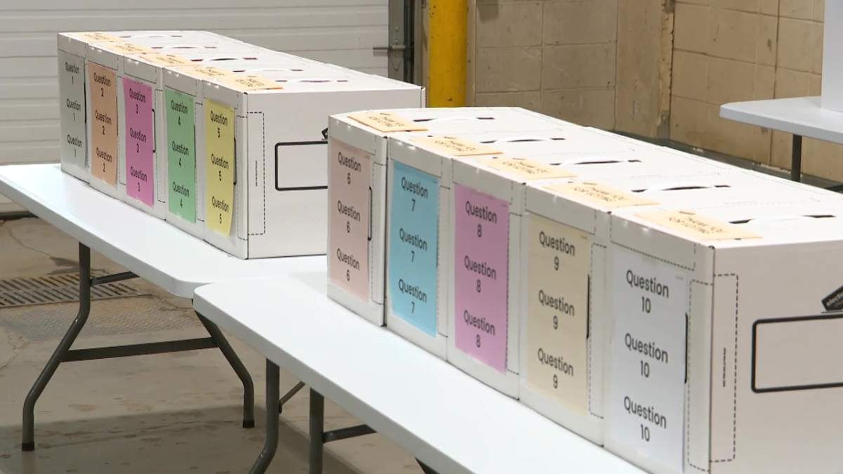 Elections Alberta ballot boxes for the Alberta referendum on Thursday, September 3, 2026.