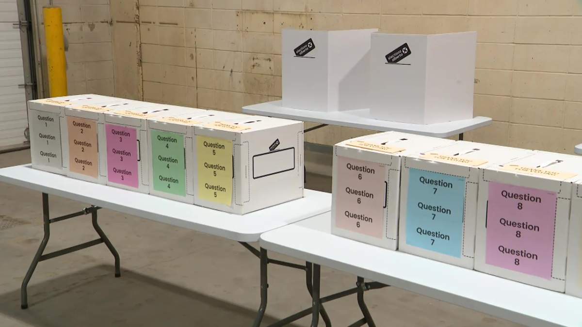 Elections Alberta ballot boxes for the Alberta referendum on Thursday, September 3, 2026.