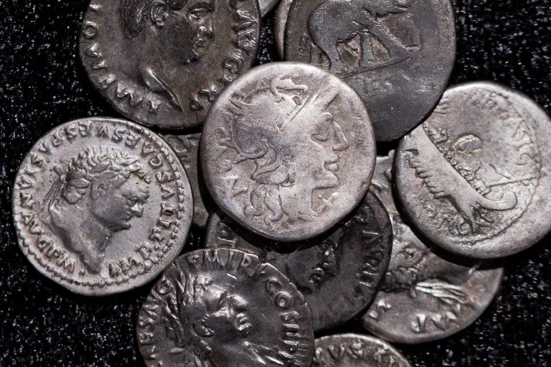 FILE - Roman coins, including the one coin, centre, dating from 148 B.C., when Rome was still a republic without an emperor, are on display at the LVR State Museum, in Bonn, Germany, Tuesday Sept. 22, 2026.