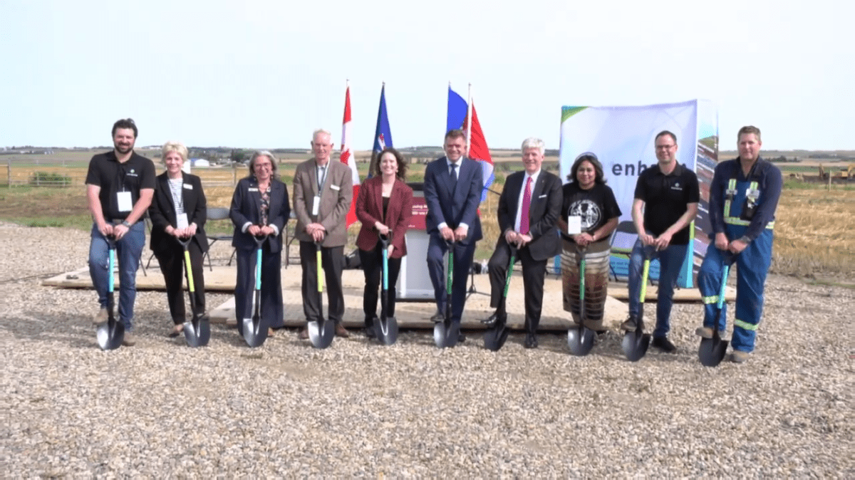 Government officials and staff from Enhance Energy Inc., a carbon management company, breaking ground on apture and storage (CCS) project in Canada and one of the world’s biggest CCS facilities. The Origins carbon capture and storage hub in Clive, Alta. on Sept. 9, 2026.