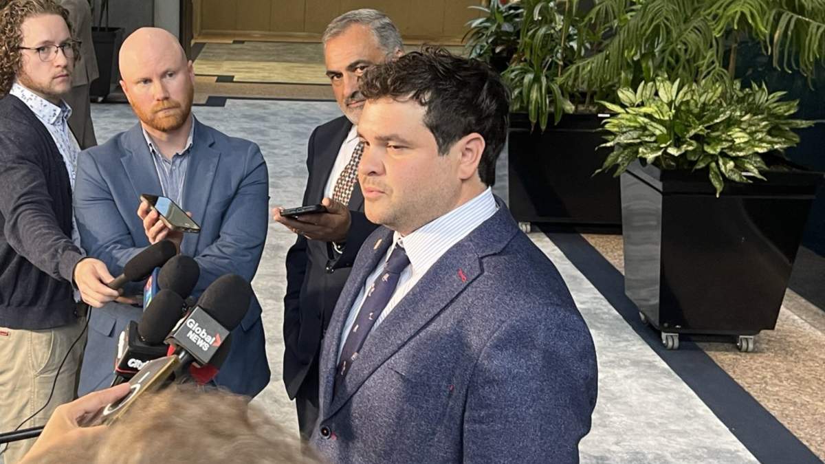 Calgary Ward 14 City Councillor Landon Johnston speaking to reporters on Tuesday, Sept. 8, 2026.