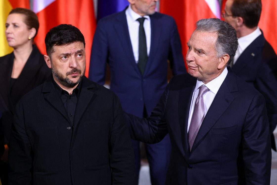 Ukraine's President Volodymyr Zelenskyy and U.S. Special Envoy Steve Witkoff gather for a family photo at the Chancellery in Berlin, Monday, Dec. 15, 2025.