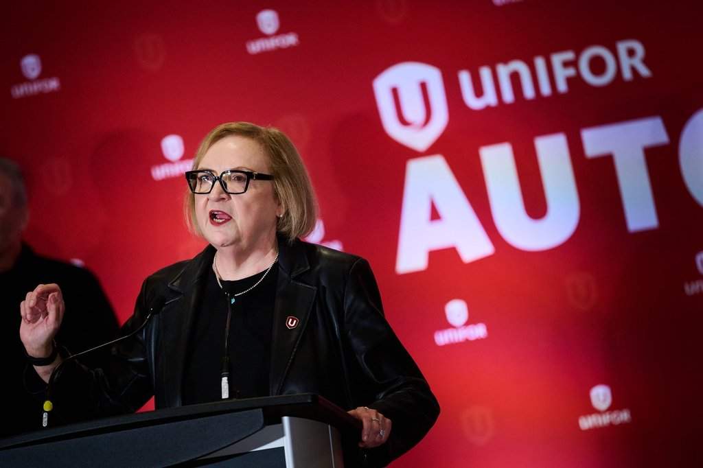 Unifor National President Lana Payne speaks to media after the opening of bargaining between Unifor and Stellantis, in Toronto, on Tuesday, Sept. 1, 2026. THE CANADIAN PRESS/Sammy Kogan.