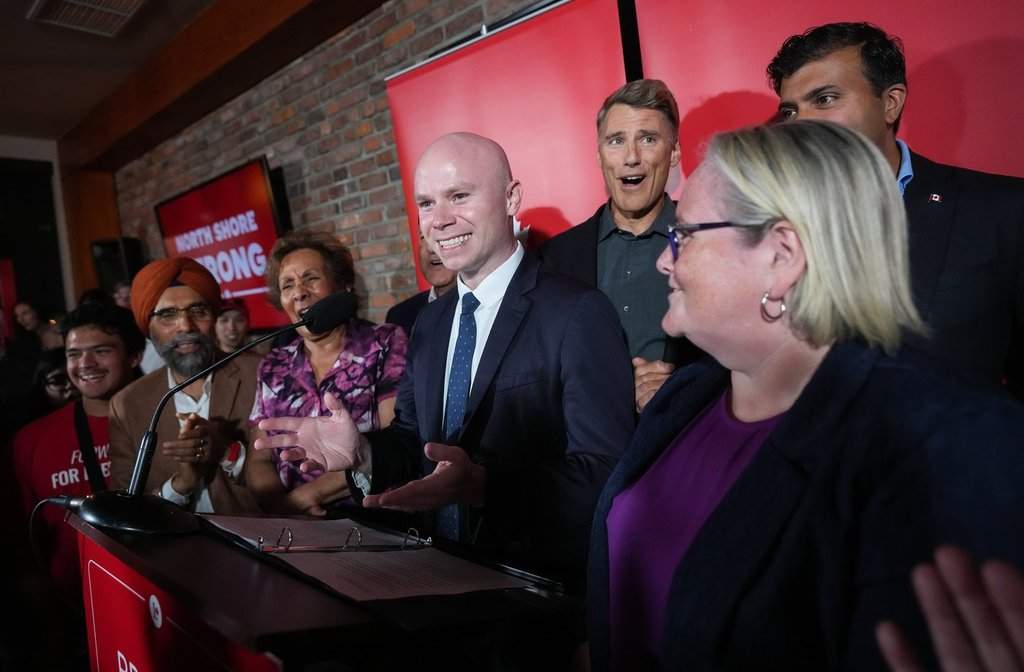 Liberal candidate Braeden Caley addresses supporters after polls closed for a federal byelection in the riding of North-Vancouver Capilano, in North Vancouver, B.C., on Monday, Aug. 31, 2026. THE CANADIAN PRESS/Darryl Dyck