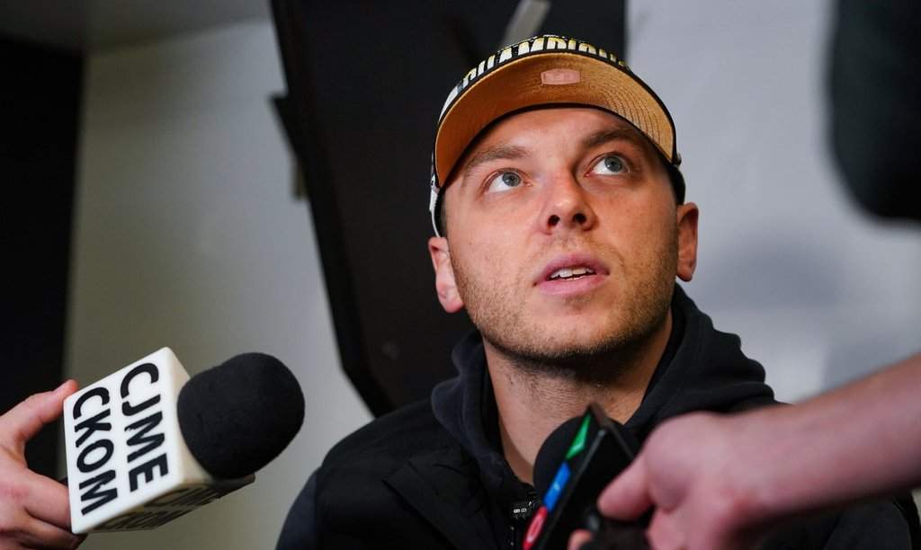 Saskatchewan Roughriders kicker Brett Lauther speaks to reporters during a end of season media availability in Regina, Wednesday, Nov. 19, 2025. THE CANADIAN PRESS/Heywood Yu.