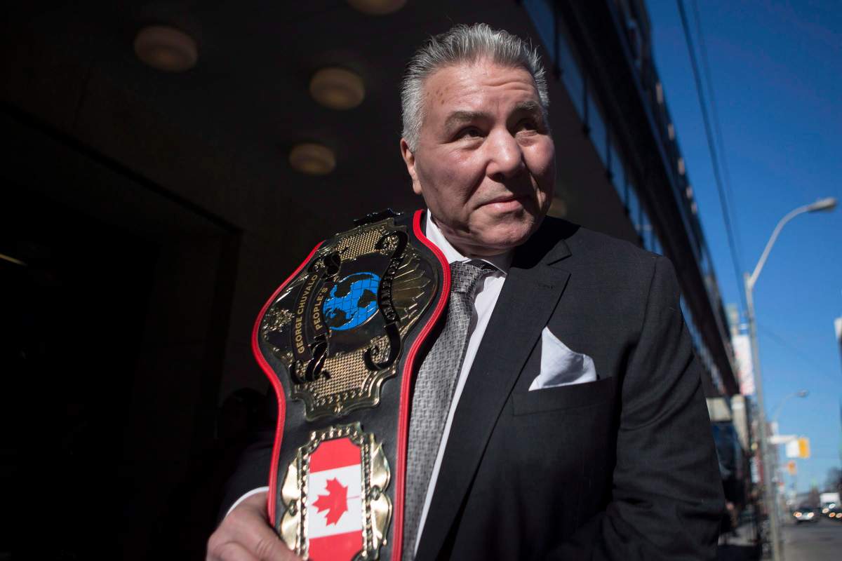 Former Boxer George Chuvalo is pictured outside Toronto’s Mattamy Centre, formerly known as Maple Leaf Gardens, after he was presented with a honoury ‘People’s Champion’ belt, on Tuesday, March 29, 2016. Chuvalo’s epic 15-round bout at Maple Leaf Gardens against Muhammad Ali on March 29, 1966 transformed the lightly regarded Toronto fighter into a symbol of courage and determination.