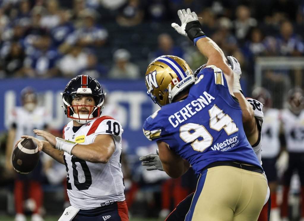 Montreal Alouettes quarterback Davis Alexander (10) throws against the Winnipeg Blue Bombers during second half CFL football action in Winnipeg on Friday, August 28, 2026. THE CANADIAN PRESS/John Woods.
