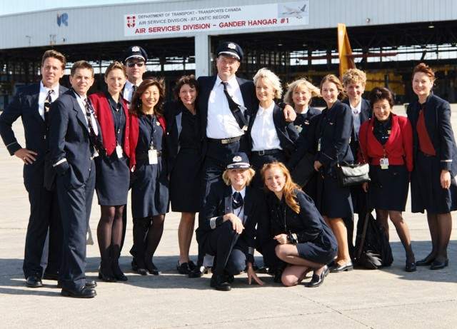 Now-retired American Airlines pilot Beverley Bass with her crew in Gander, NL in September 2001.