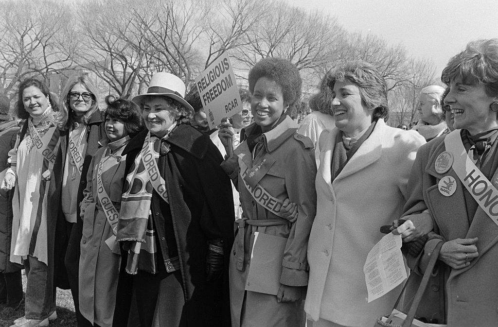 Gloria Steinam, 2nd from left, Senator Patsy Mink, Bella Abzug, Elenor Holmes Norton, Eleanor Smeal, president of National Organization of Women, and Kate Michelman at the first national pro-choice march in Washington D.C. on March 9, 1986.
