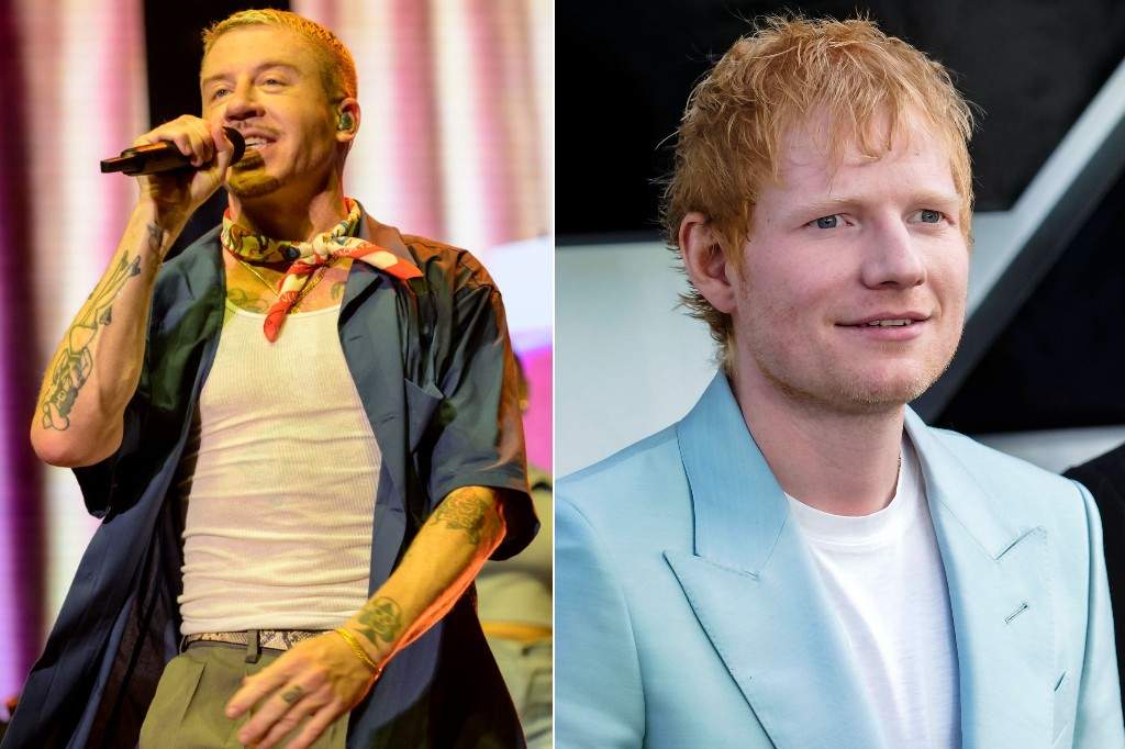 (L-R:) Macklemore performs onstage during the ibis RockCorps France 2024 at Accor Arena on May 29, 2024 in Paris, France and Ed Sheeran at the European premiere of 'F1 The Movie' at Cineworld Leicester Square London on June 6, 2025.