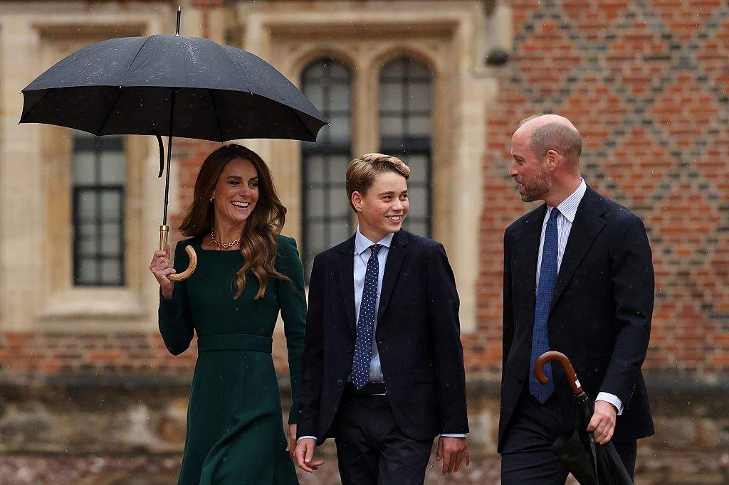 Catherine, Princess of Wales (L) and Prince William, Prince of Wales (R) walk with their 13-year-old son, Prince George of Wales (C), as he arrives for his first day at Eton College on September 8, 2026 in Berkshire, England.