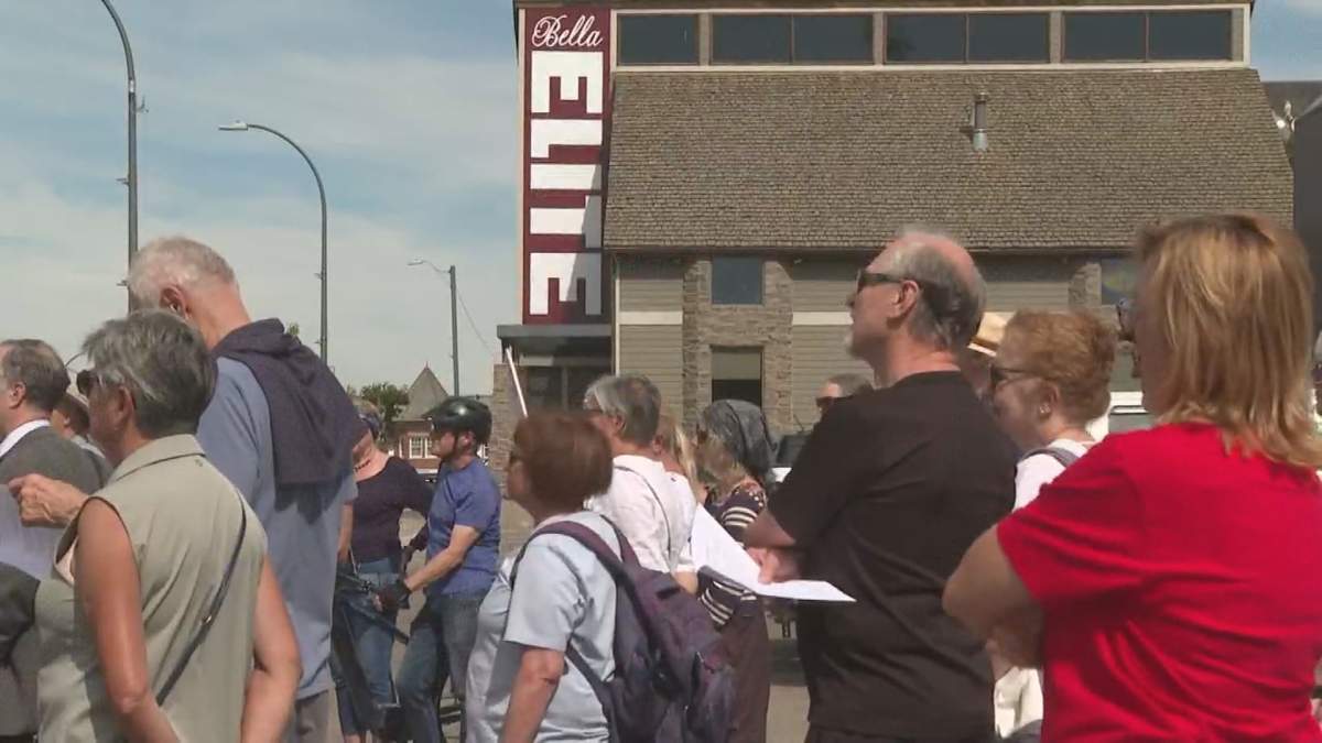 Protestors listening to a speaker at Bill 11 rally in Lethbridge.