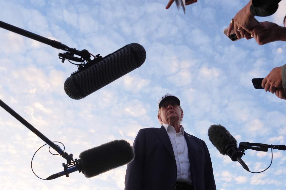 U.S. President Donald Trump speaks with journalists prior to boarding Air Force One at Shannon Airport in Shannon, Ireland, Sunday, Sept. 13, 2026. 
