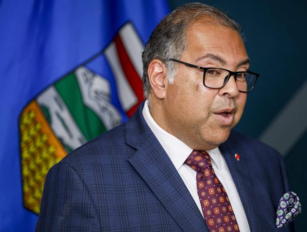 Alberta NDP leader Naheed Nenshi speaks to the media in Calgary, Tuesday, Sept. 15, 2026.