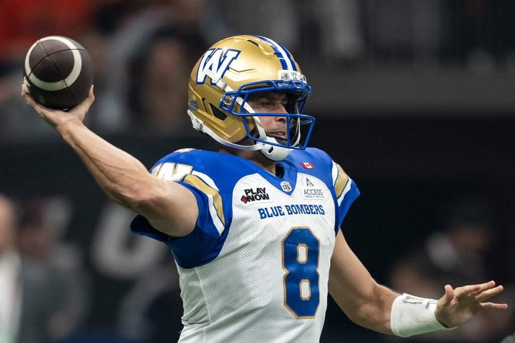 Winnipeg Blue Bombers quarterback Zach Collaros (8) throws the ball against the B.C. Lions during the first half of a CFL football game, in Vancouver, on Friday, Oct. 23, 2026. THE CANADIAN PRESS/Ethan Cairns.
