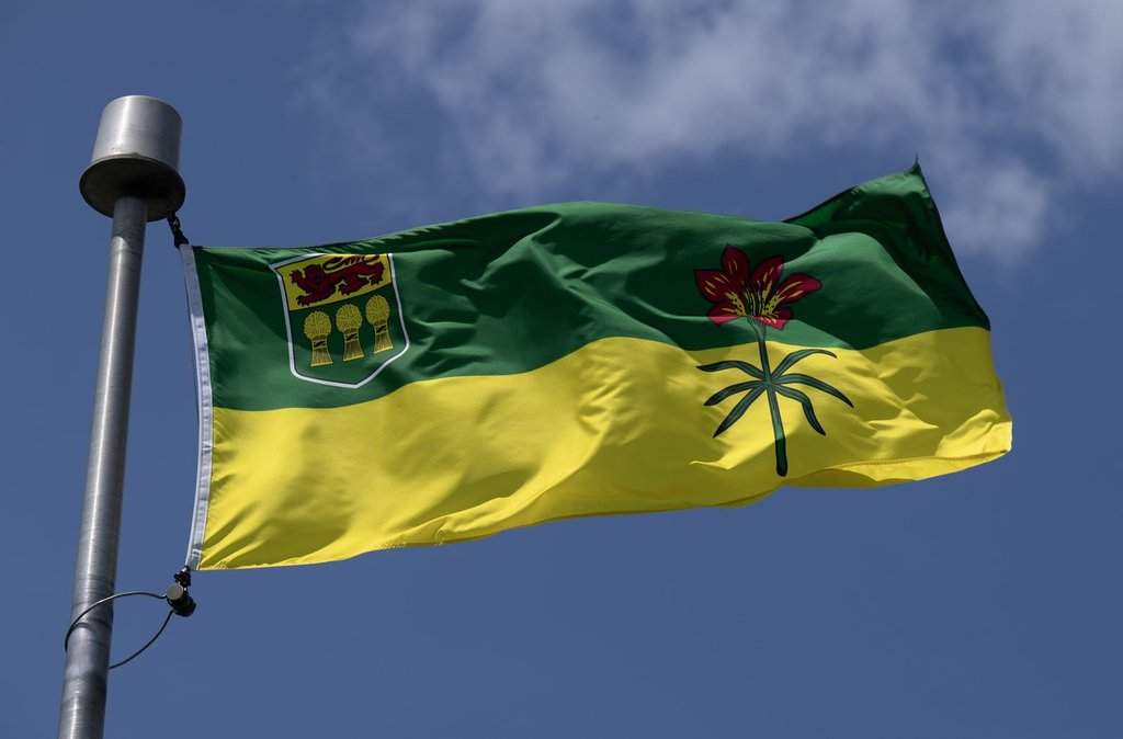 The Saskatchewan provincial flag flies on a flagpole in Ottawa, Thursday, July 23, 2026 in Ottawa. 