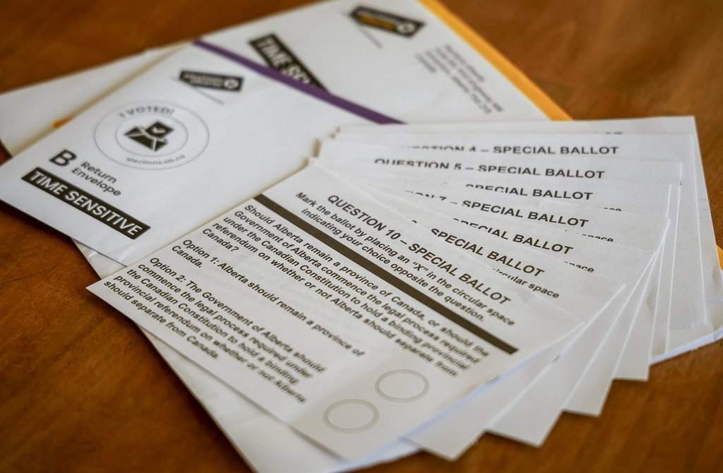 Alberta referendum mail-in special ballots are seen in Calgary, Thursday, Sept. 24, 2026.THE CANADIAN PRESS/Jeff McIntosh.