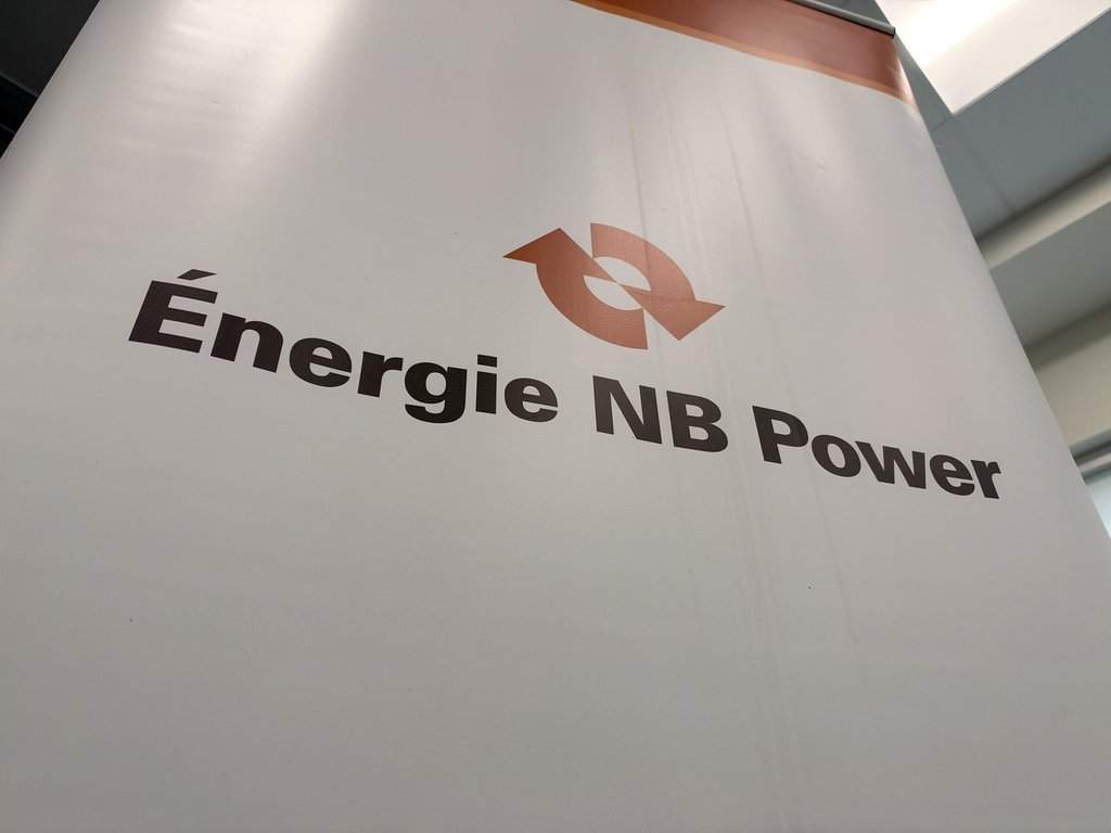 NB Power sign pictured at the public utility’s power rate application announcement in Fredericton on Wednesday, Oct. 7, 2026. THE CANADIAN PRESS/Eli J. Ridder.