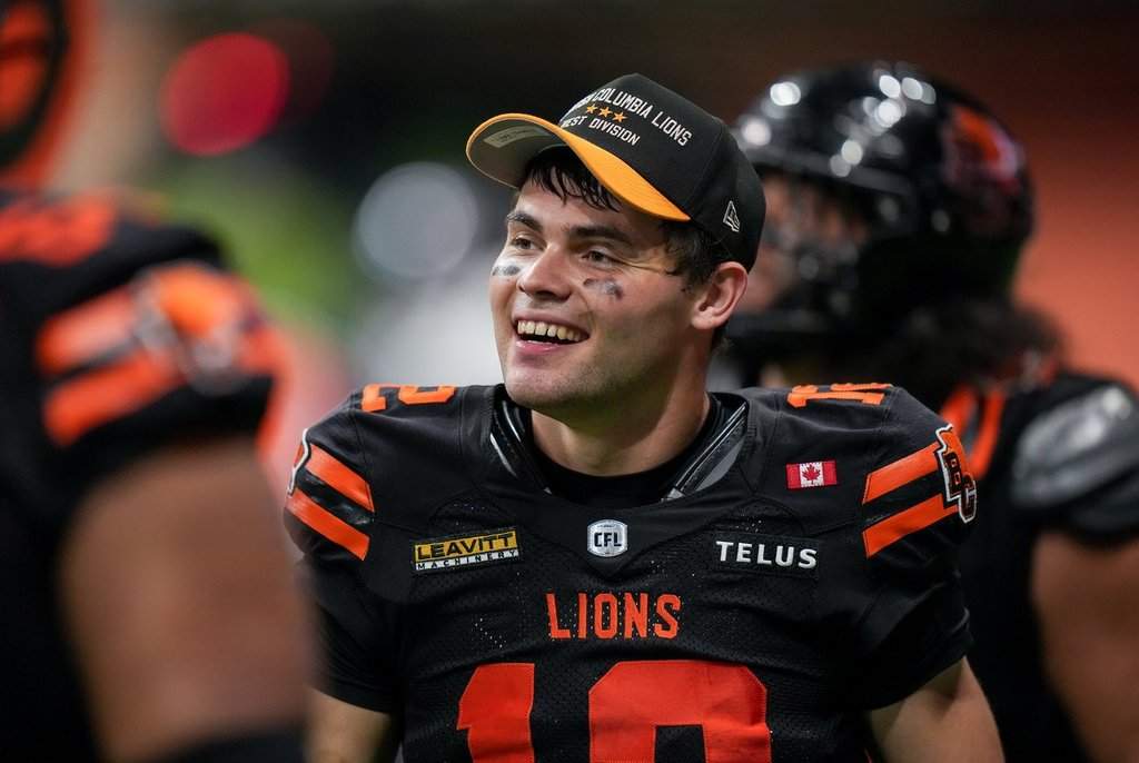 B.C. Lions quarterback Nathan Rourke smiles on the sideline during the second half of a CFL football game against the Ottawa Redblacks in Vancouver on Friday, Oct. 9, 2026. THE CANADIAN PRESS/Darryl Dyck.