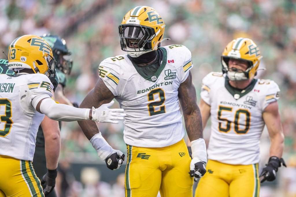 Edmonton Elks defensive lineman Malik Carney (2) celebrates after a play against the Saskatchewan Roughriders during first-half CFL football action in Regina on Thursday, July 23, 2026. THE CANADIAN PRESS/Kayle Neis.