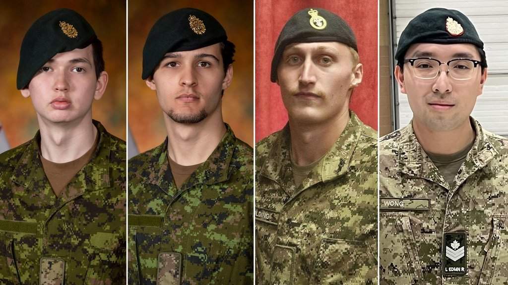 This composite of handout images shows Canadian Armed Forces members, left to right, Pte. Hayden Lykkemark, Pte. Shaun Farrell, Pte. Aidan Goulding and Sgt. Morgan Wong, who died during a training exercise at CFB Wainwright in Alberta, on Saturday, Oct. 17, 2026.