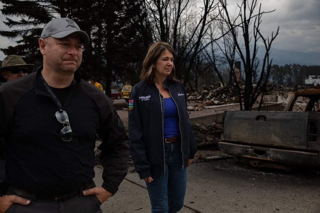 Lac Ste. Anne-Parkland member of the legislature Shane Getson,and Premier Danielle Smith tour Jasper, Alta., on Friday July 26, 2024. Wildfires encroaching into the townsite of Jasper forced an evacuation of the national park and destroyed over 300 of the town's approximately 1100 structures. 