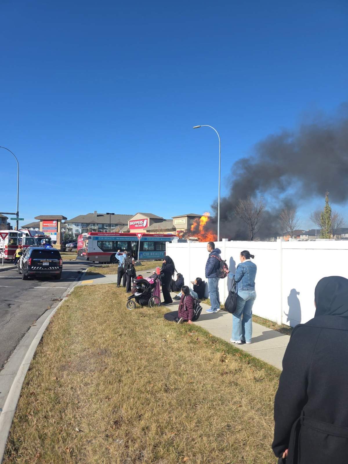 A Calgary Transit bus caught fire on Saddletowne Circle at 80 Ave NE in northeast Calgary on Thursday, Oct. 15, 2026.