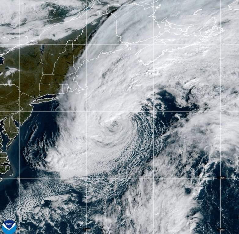 This satellite image from the National Oceanic and Atmospheric Administration shows Subtropical Storm Josephine pushing away from the U.S. Northeast coast Thursday, Oct. 22, 2026. (National Oceanic and Atmospheric Administration via AP).