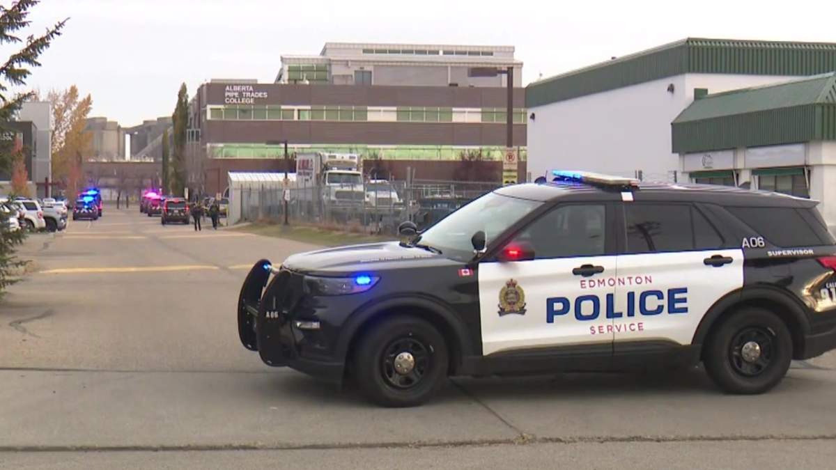 The Edmonton Police Service at the scene of an apparent shooting at the Alberta Pipe Trades College near 161 Street and 118 Avenue in Edmonton, Alta. on Friday, Oct. 16, 2026.