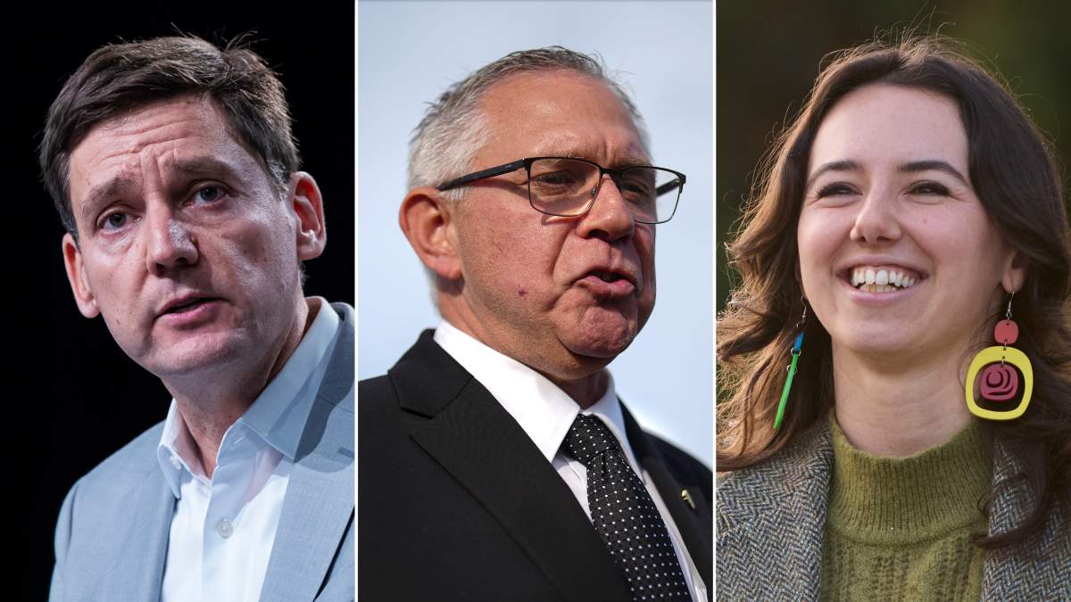 This composite image shows, left to right, B.C. NDP Leader David Eby in Vancouver, on April 13, 2026; B.C. Conservative interim Leader Lorne Doerkson, in Vancouver, on Sept. 22, 2026; B.C. Green Party Leader Emily Lowan in Victoria, on Sept. 23, 2026. 
