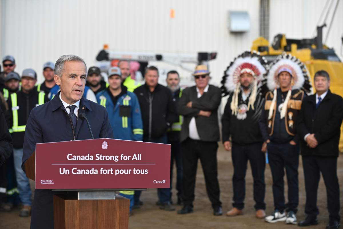 Prime Minister Mark Carney makes an announcement in Fort McMurray on Thursday Oct 1, 2026. Prime Minister Mark Carney declared the Pacific Link pipeline project to be in the national interest. 