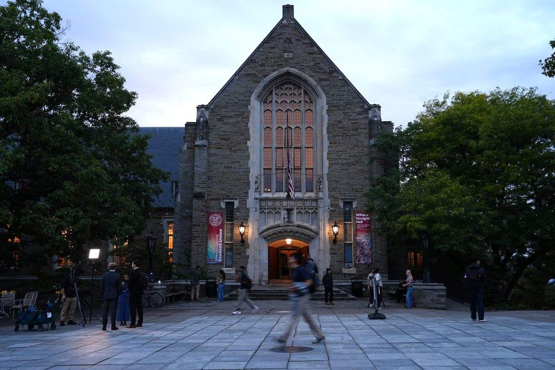 People gather outside Willard Straight Hall after a hearing on sexual assault at Cornell University in Ithaca, N.Y., Thursday, Oct. 1, 2026.