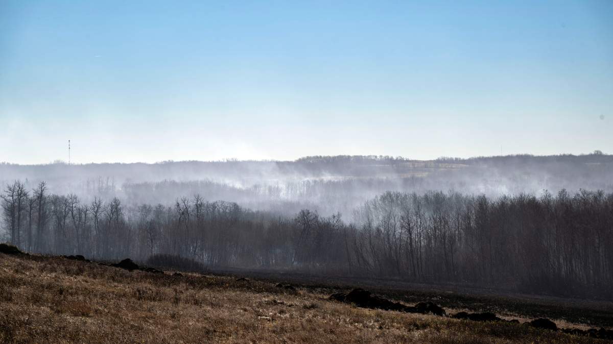 The burn area on CFB Wainwright south of the town Wainwright Alta., on Sunday, Oct. 18, 2026. Four people have been killed and numerous others injured.