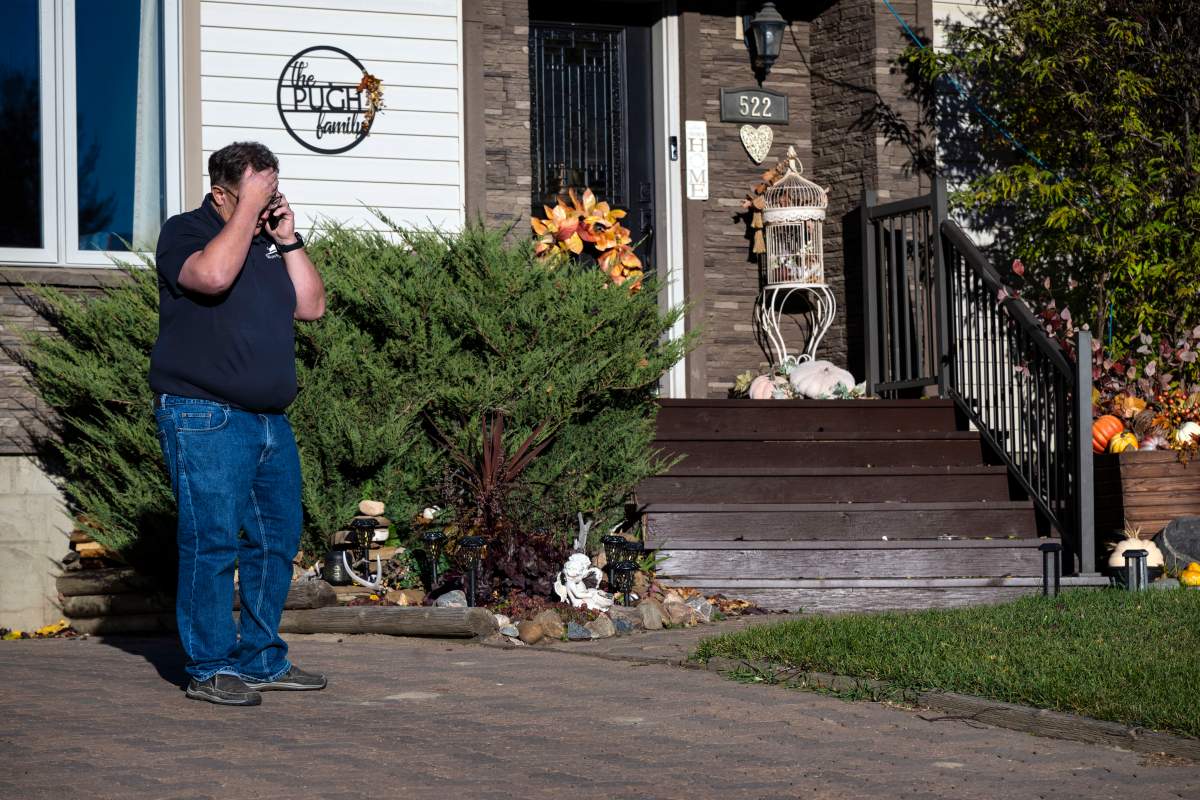 Bruce Pugh the mayor of Wainwright Alta., talks on the phone at his home on Sunday, Oct.18, 2026.