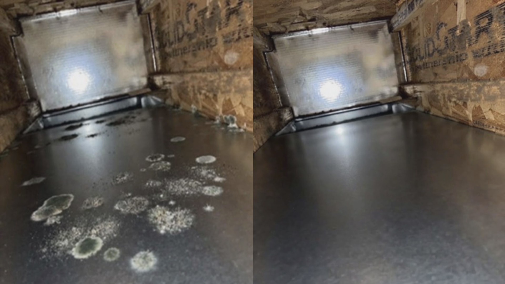 Shernette Smith says the company sent her these two photos. The business told her the picture on the left (believed to be AI-generated) shows mould in her ductwork, and the photo on the right shows the duct after they claimed to have cleaned it.