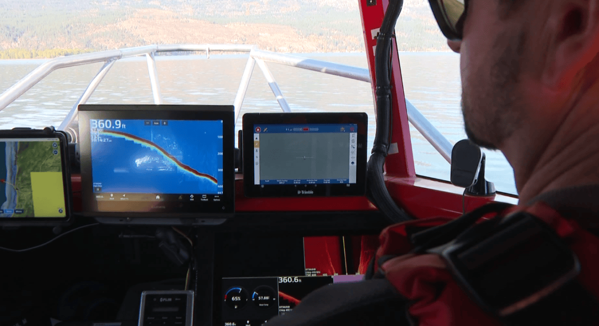 The boat is equipped with deep-water sonar and GPS systems designed for farm equipment. One screen even displays a large tractor instead of a boat.