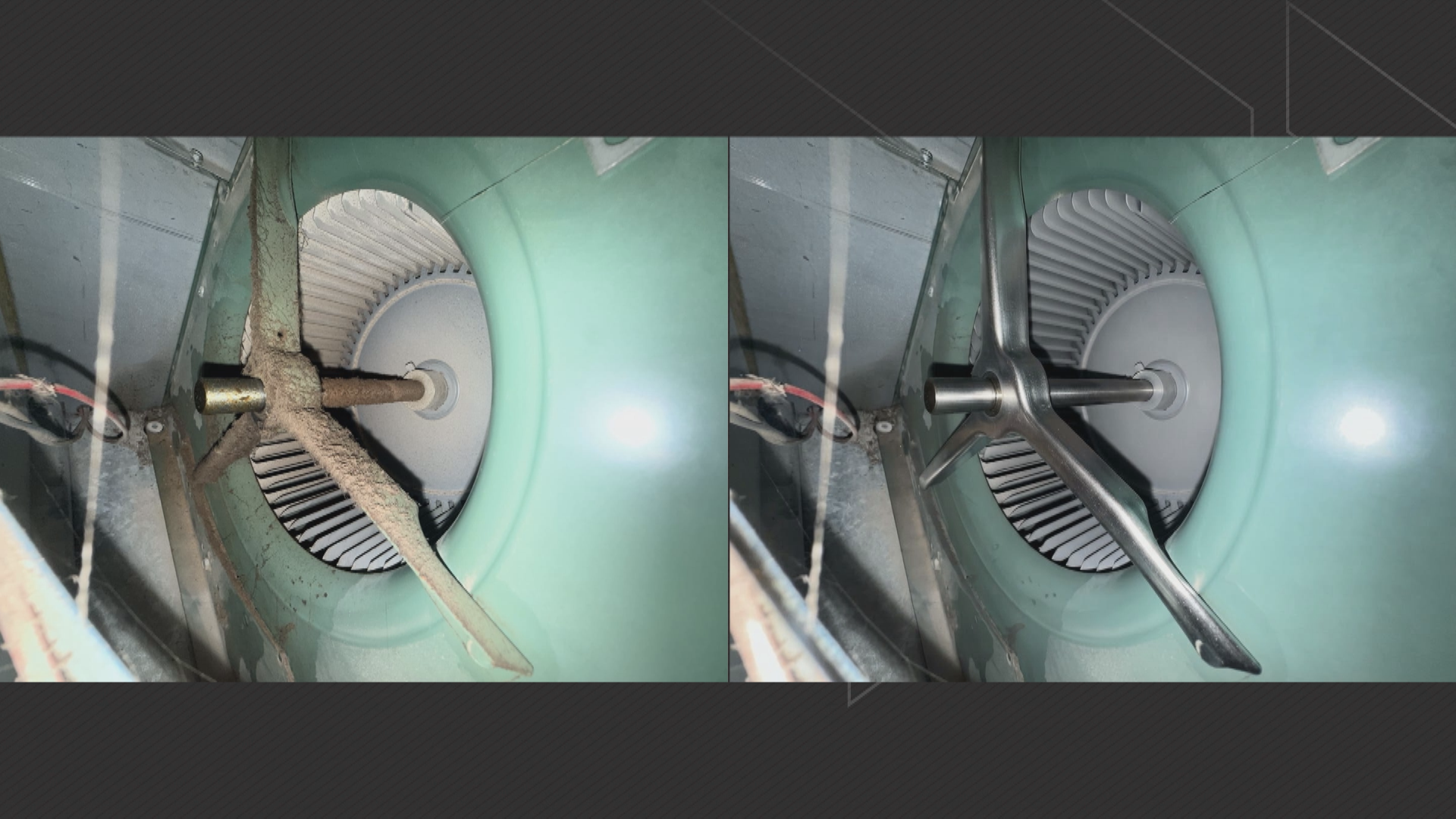 Two pictures sent to Shernette Smith by the duct-cleaning company. The business claimed the image on the left shows the motor fan before cleaning, and the image on the right is after cleaning (believed to be AI-generated).