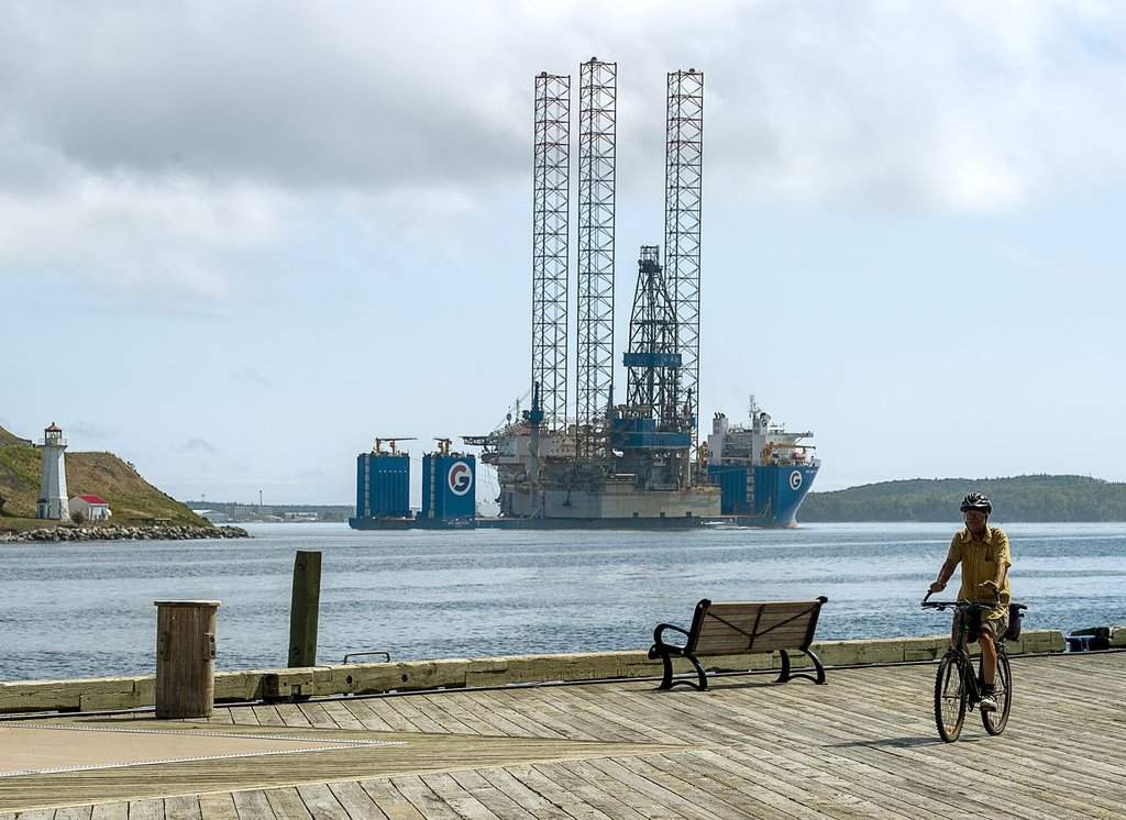 The jack-up rig Noble Regina Allen sits on the heavy-lift vessel GPO Amethyst in Halifax harbour on Tuesday, Sept. 8, 2020. THE CANADIAN PRESS/Andrew Vaughan.