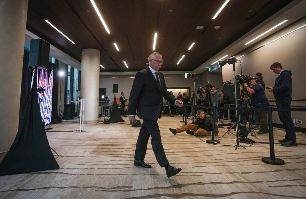 B.C. Premier-designate Lorne Doerkson leaves after a postelection news conference, in Vancouver, on Sunday, Oct. 25, 2026. THE CANADIAN PRESS/Darryl Dyck.