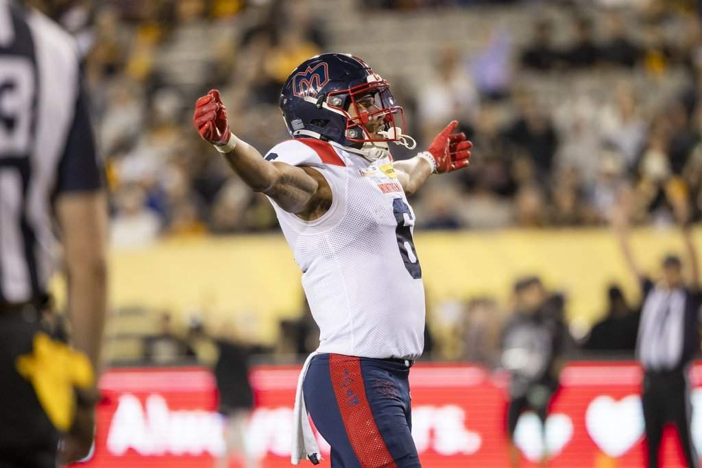 Montreal Alouettes' Tyson Philpot (6) celebrates a touchdown against the Hamilton Tiger-Cats in Hamilton on Friday, Sept. 18, 2026. THE CANADIAN PRESS/Nick Iwanyshyn.