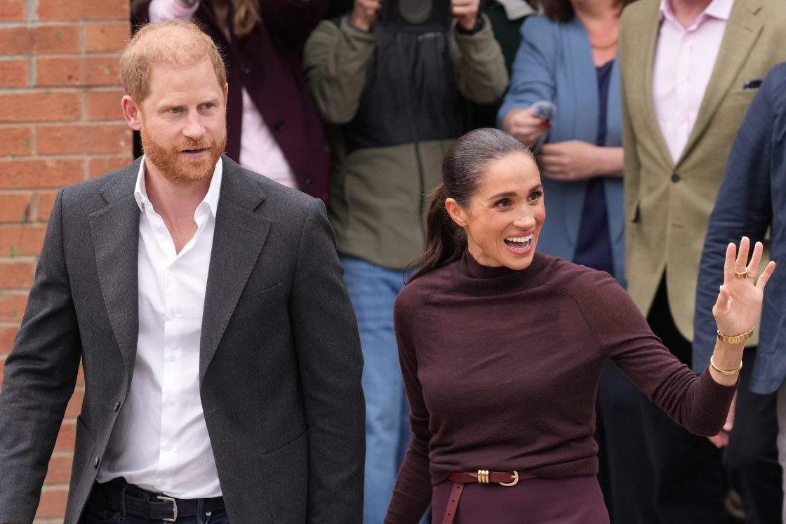 Britain's Prince Harry and Meghan, Duke and Duchess of Sussex depart after a visit to Himmah Food Bank in Nottingham, England, Thursday, Oct. 15, 2026.
