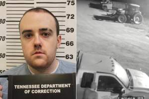 (L-R:) This booking photo released by the Tennessee Department of Corrections on July 24, 2025, shows Jacob Morley and this image from security video provided by John Lindamood shows escaped inmate Jacob Allen Morley, bottom right, stealing a white Ford F-350 from the Lindamood Planting Company early Monday, Oct. 26, 2026, in Lake County, Tenn.