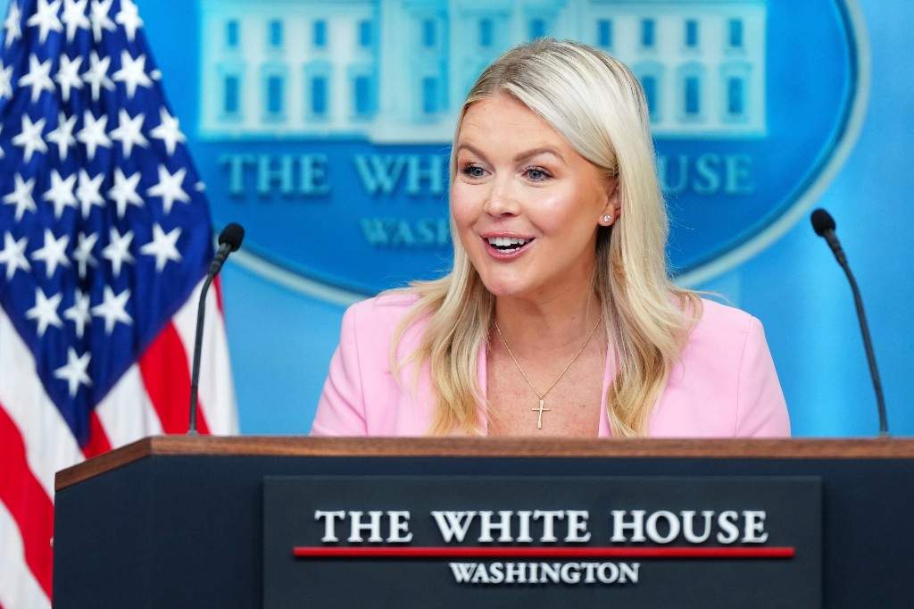 Former White House press secretary Karoline Leavitt speaks with reporters in the James Brady Press Briefing Room at the White House, Thursday, July 16, 2026, in Washington.