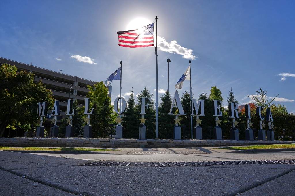 The Mall of America flies an American flag, Wednesday, Oct. 7, 2026, in Bloomington, Minn.