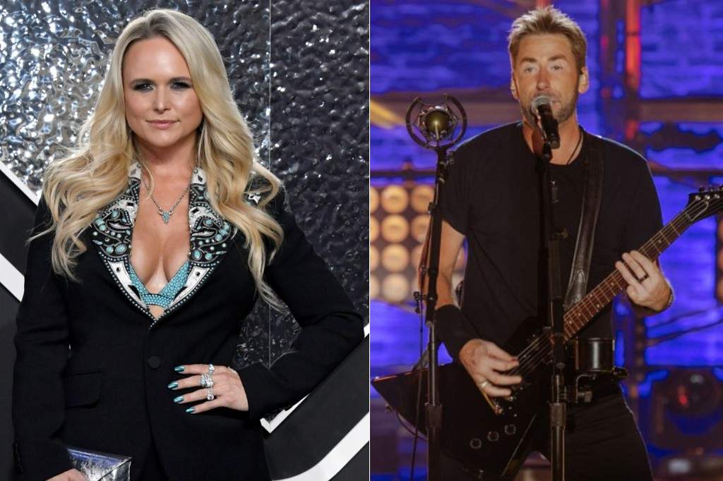 (L-R:) Miranda Lambert arrives at the MTV Video Music Awards on Wednesday, Sept. 11, 2024, at UBS Arena in Elmont, N.Y. and : Chad Kroeger of Nickelback performs at CMT Crossroads: Nickelback & HARDY at Marathon Music Works on March 07, 2024 in Nashville, Tennessee.
