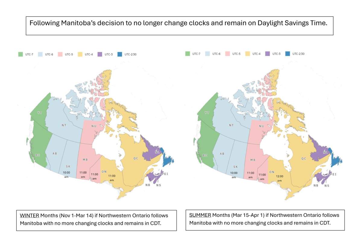 Ontario is set to move parts of the province’s northwest region to permanent daylight time in order to align with Manitoba as shown in this handout image of timezones across Canada.