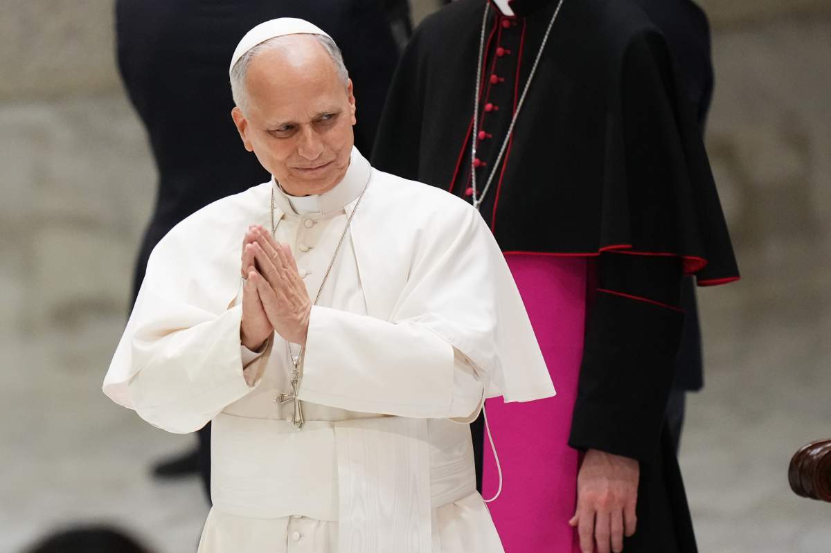 Pope Leo XIV greets participants in an audience with the Jesus Youth International Conference in the Paul VI Hall at the Vatican, Saturday, Oct. 24, 2026. 