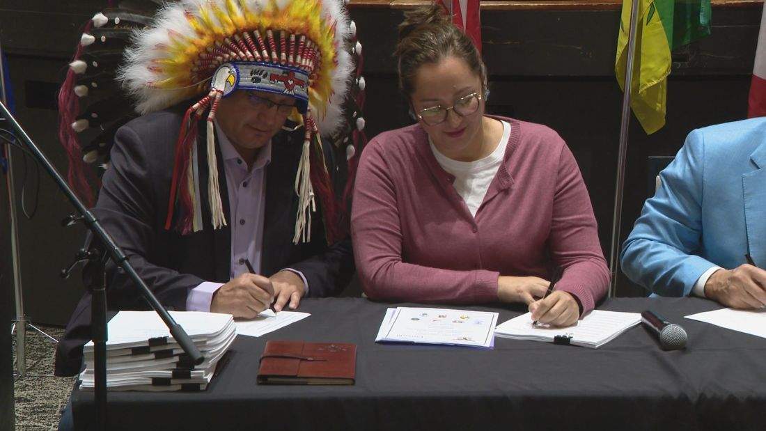 The Saskatoon Tribal Council's members, and tribal chief, signed the agreement alongside the federal Minister of Indigenous Services Canada Mandy Gull-Masty at a news conference Wednesday.
